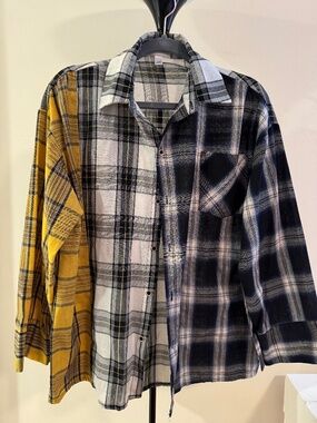 Patchwork Plaid Button Up Shirt Yellow Black White
